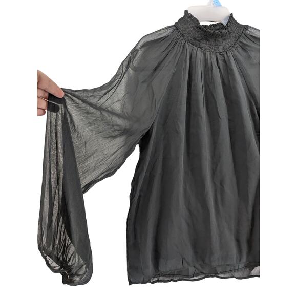 Joie Smocked Top S Black Sheer Long Sleeves Lined Keyhole Blouse High Mock Neck - Picture 2 of 14